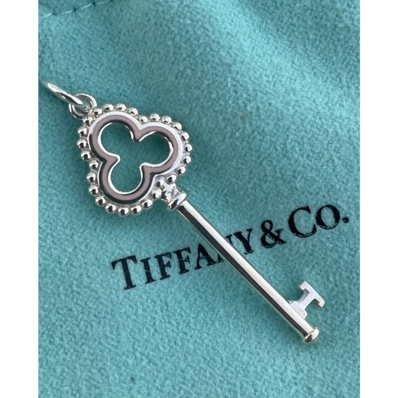 Tiffany & Co. Silver Beaded Pink Enamel Trefoil Key Charm Pendant For Necklace - Picture 2 of 6
